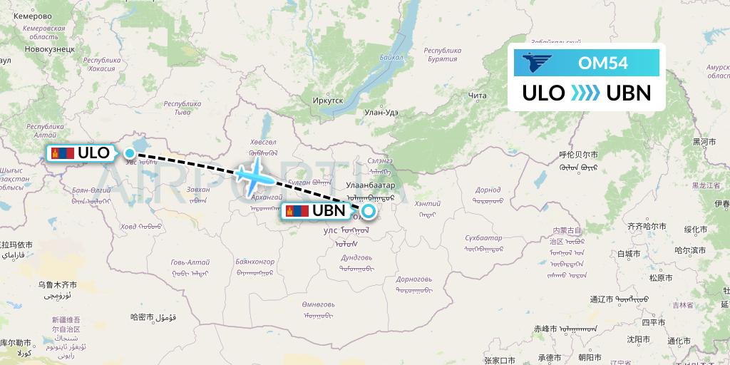 OM54 MIAT Mongolian Airlines Flight Map: Mongolia to Ulan Bator