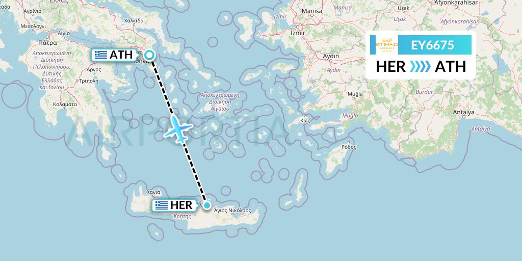 EY6675 Etihad Airways Flight Map: Heraklion to Athens