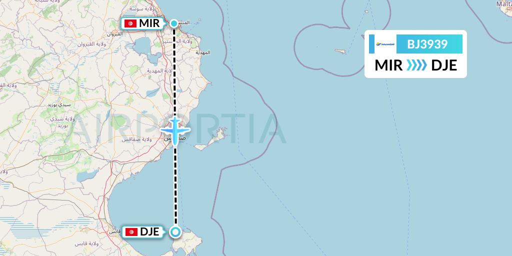 BJ3939 Nouvelair Tunisie Flight Map: Monastir to Djerba