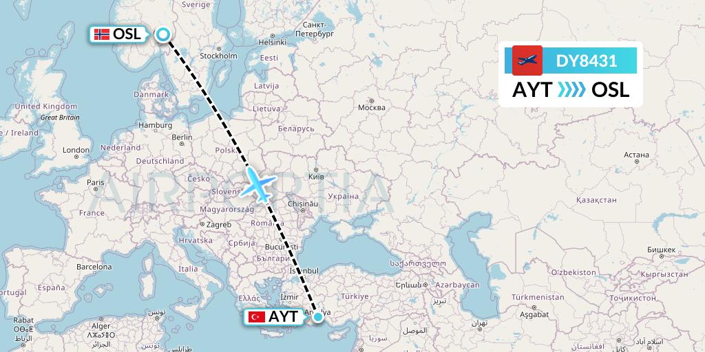 DY8431 Norwegian Flight Map: Antalya to Oslo
