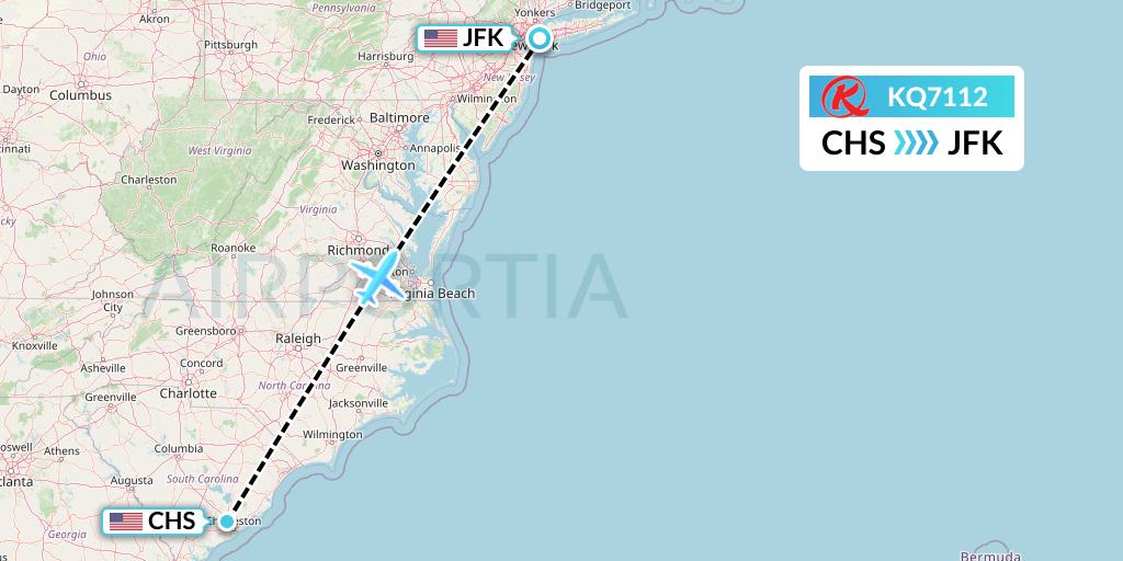 KQ7112 Kenya Airways Flight Map: Charleston to New York