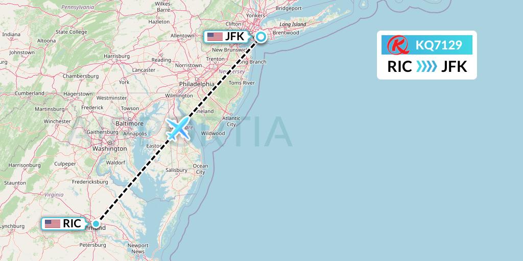 KQ7129 Kenya Airways Flight Map: Richmond to New York
