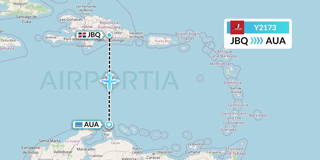 Y2173 Air Century Flight Map: Santo Domingo to Oranjestad