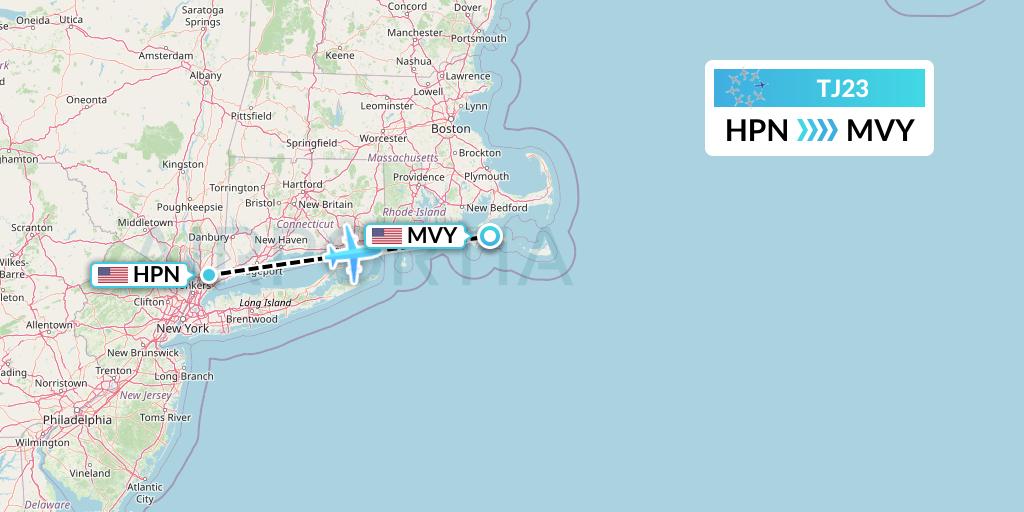 TJ23 Tradewind Aviation Flight Map: White Plains to Martha's Vineyard