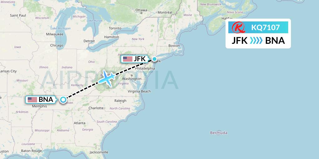 KQ7107 Kenya Airways Flight Map: New York to Nashville
