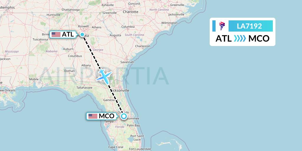 LA7192 LAN Airlines Flight Map: Atlanta to Orlando