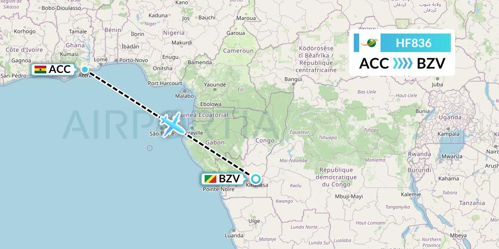 HF836 Air Cote d'Ivoire Flight Map: Accra to Brazzaville