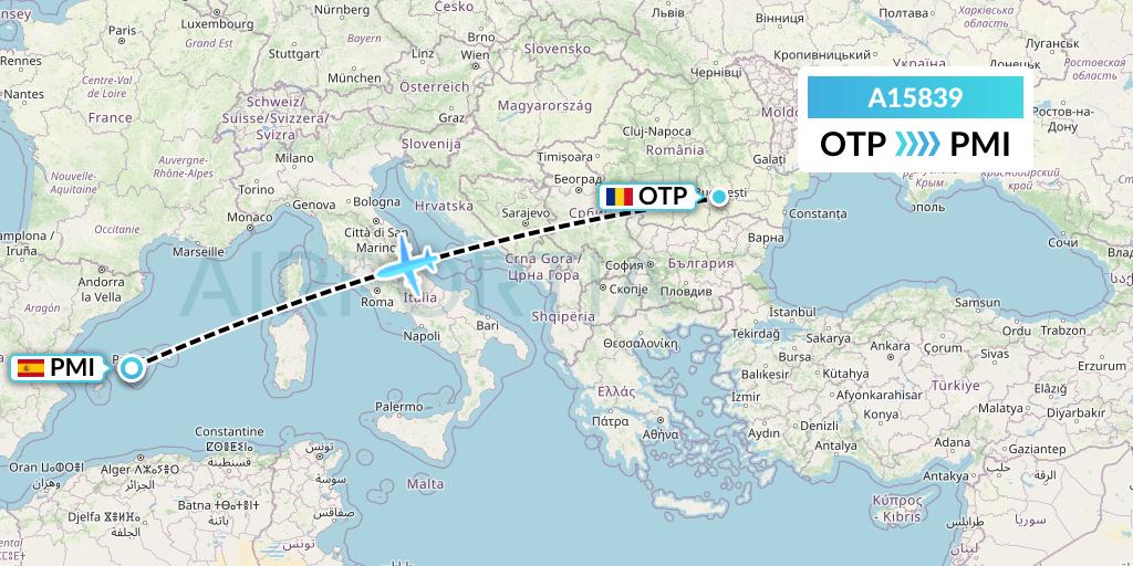 A15839 A.p.g. Distribution Systems Flight Map: Bucharest to Palma de Mallorca