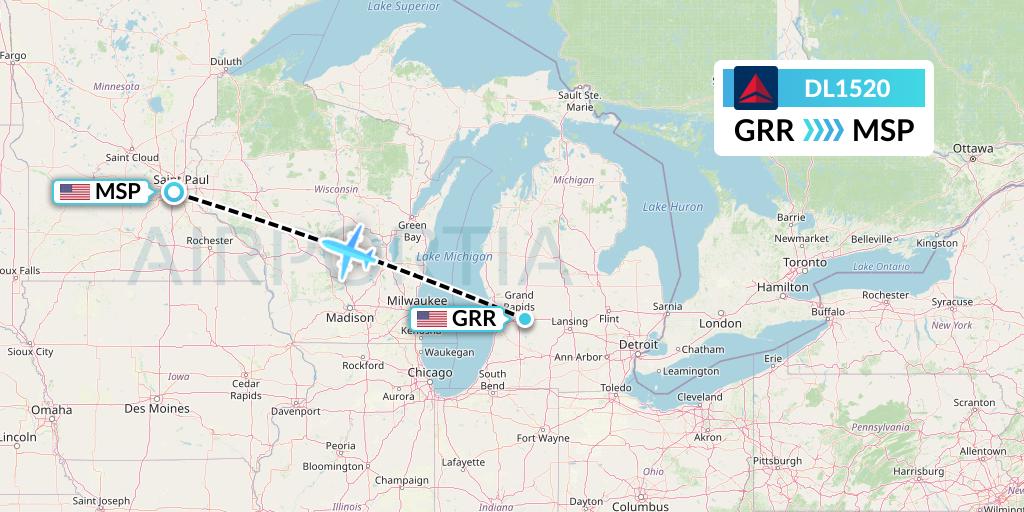 DL1520 Delta Air Lines Flight Map: Grand Rapids to Minneapolis