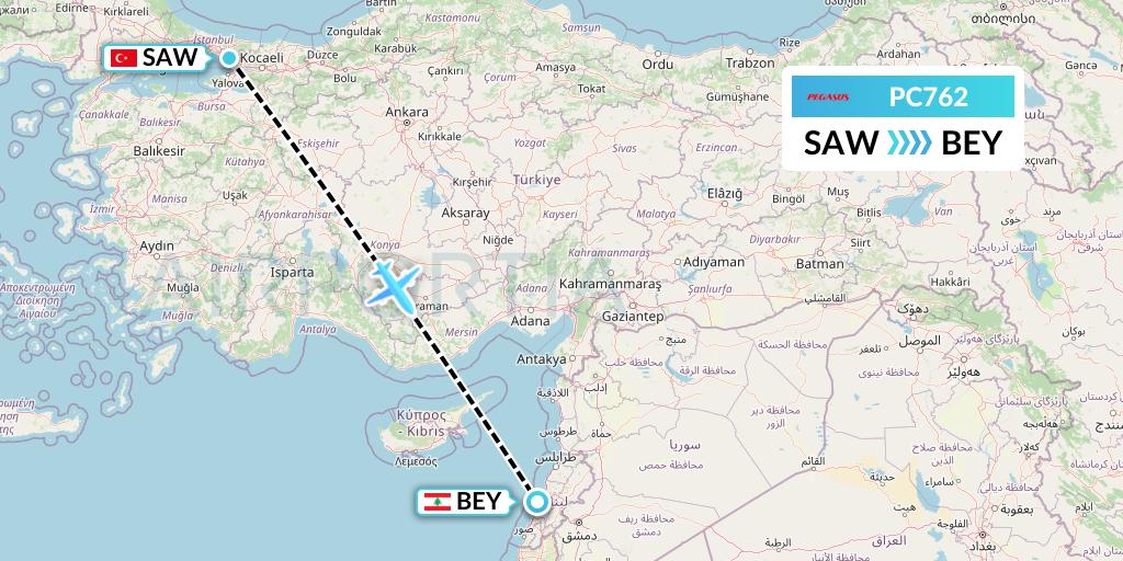 PC762 Pegasus Airlines Flight Map: Istanbul to Beirut