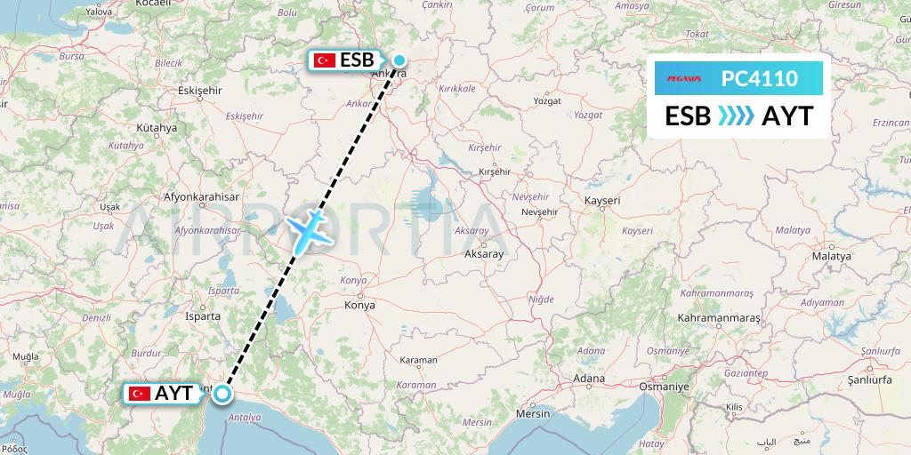 PC4110 Pegasus Airlines Flight Map: Ankara to Antalya