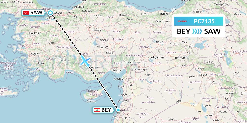 PC7135 Pegasus Airlines Flight Map: Beirut to Istanbul