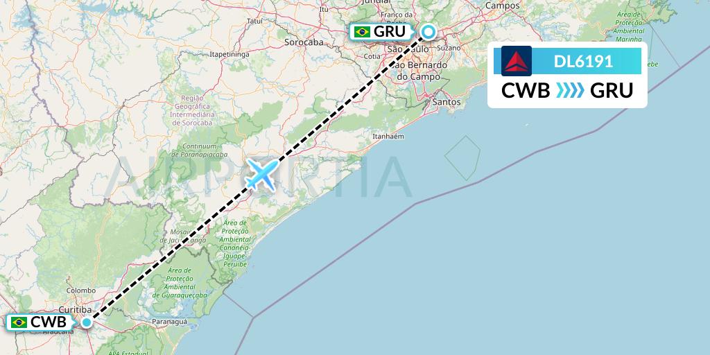 DL6191 Delta Air Lines Flight Map: Curitiba to Sao Paulo