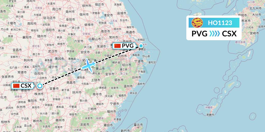 HO1123 Juneyao Airlines Flight Map: Shanghai to Changsha