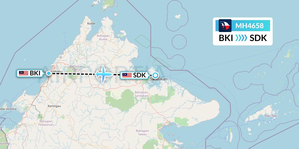 MH4658 Malaysia Airlines Flight Map: Kota Kinabalu to Sandakan