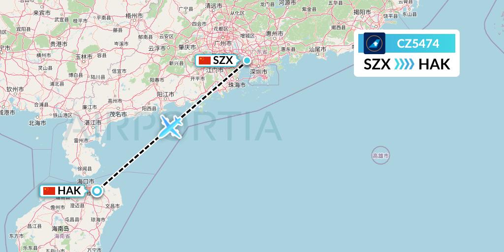 CZ5474 China Southern Airlines Flight Map: Shenzhen to Haikou