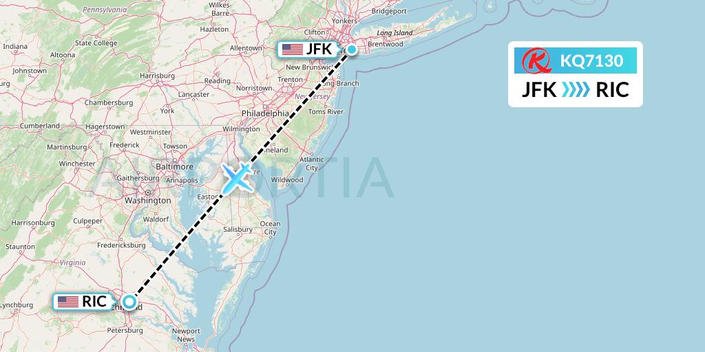 KQ7130 Kenya Airways Flight Map: New York to Richmond