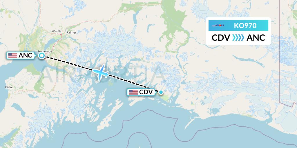 KO970 Komiaviatrans Flight Map: Cordova to Anchorage