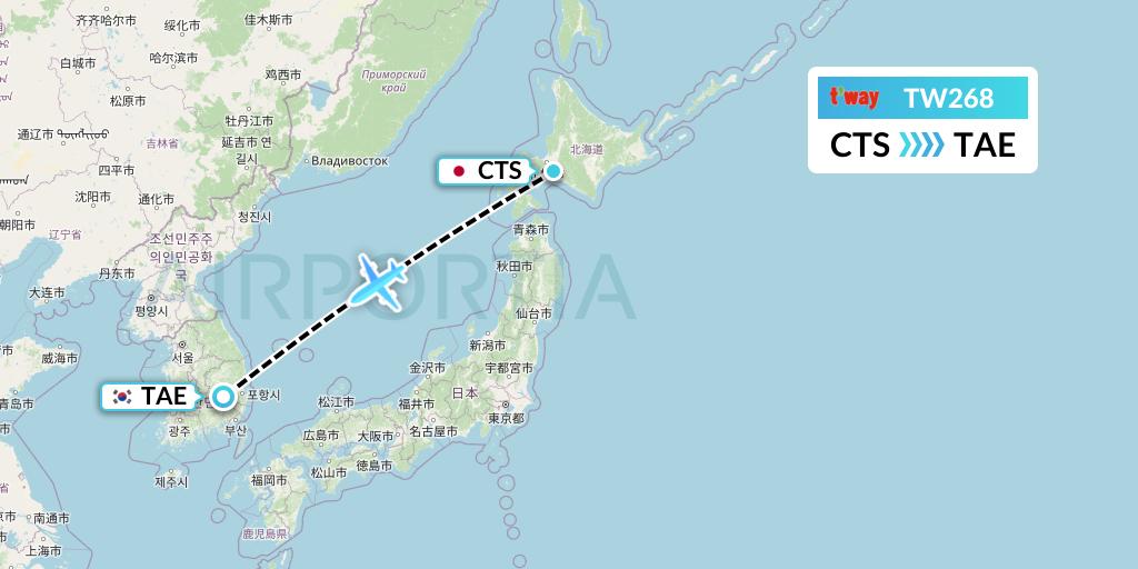 TW268 T'way Air Flight Map: Sapporo to Daegu