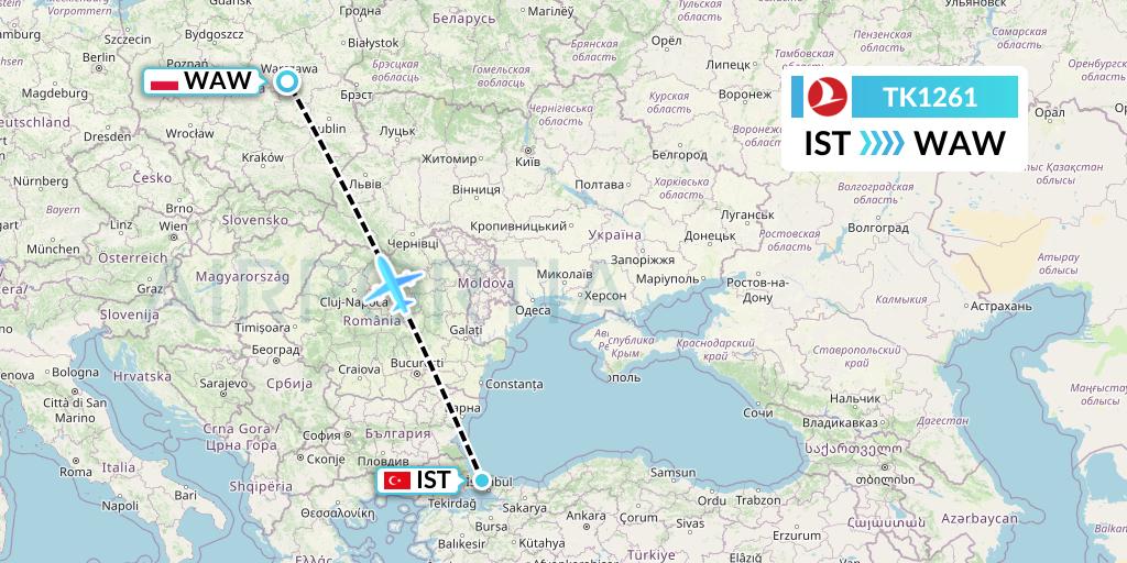 TK1261 Turkish Airlines Flight Map: Istanbul to Warsaw