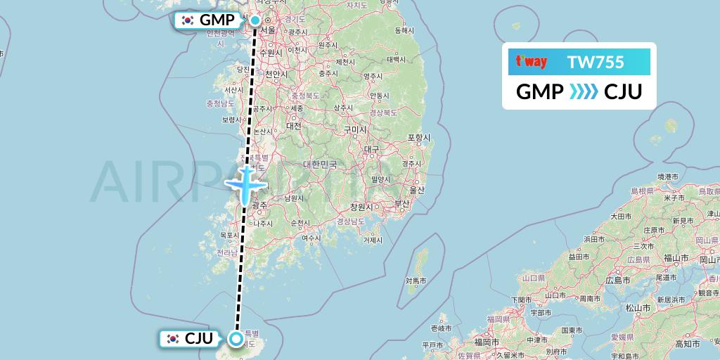 TW755 T'way Air Flight Map: Seoul to Jeju
