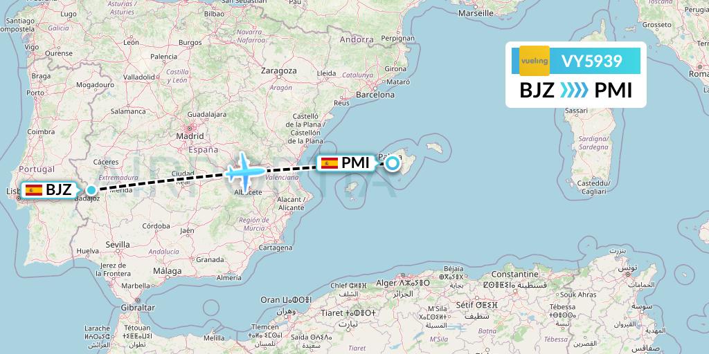 VY5939 Vueling Flight Map: Badajoz to Palma de Mallorca