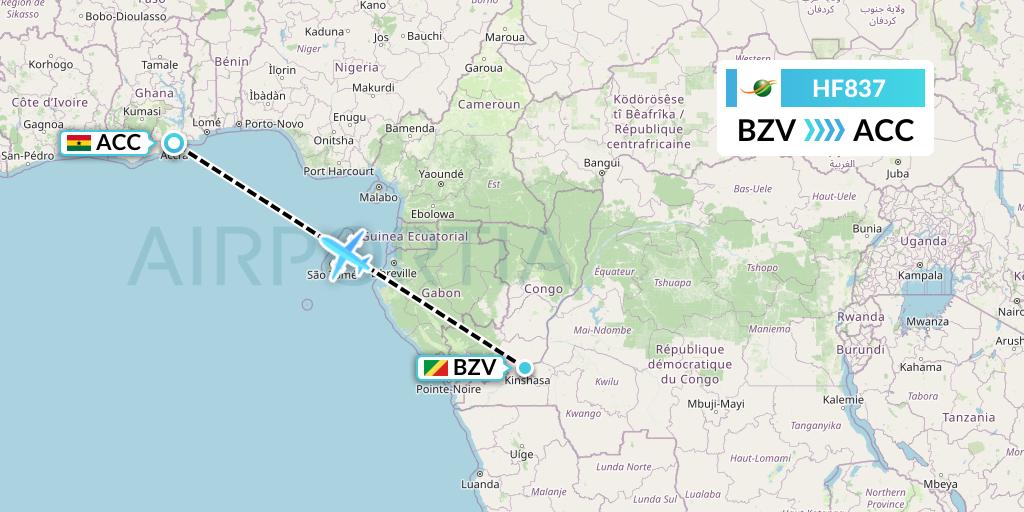 HF837 Air Cote d'Ivoire Flight Map: Brazzaville to Accra