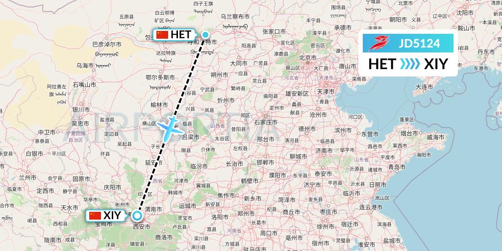 JD5124 Capital Airlines Flight Map: Hohhot to Xi'an