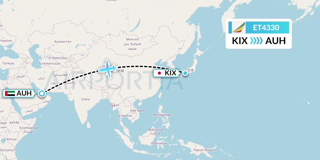 ET4330 Ethiopian Airlines Flight Map: Osaka to Abu Dhabi