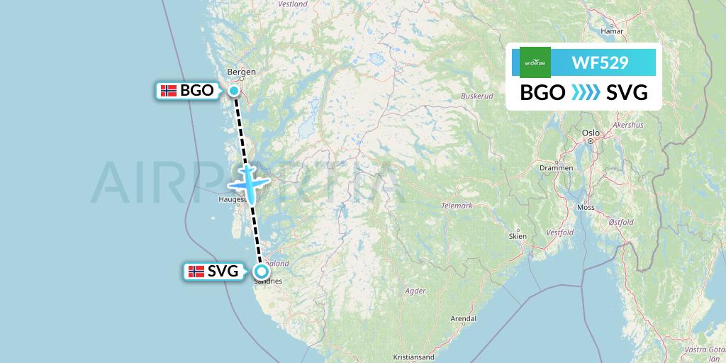 WF529 Wideroe Flight Map: Bergen to Stavanger