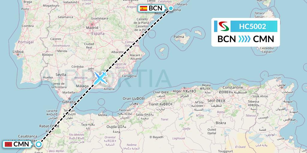 HC5002 Air Senegal Flight Map: Barcelona to Casablanca