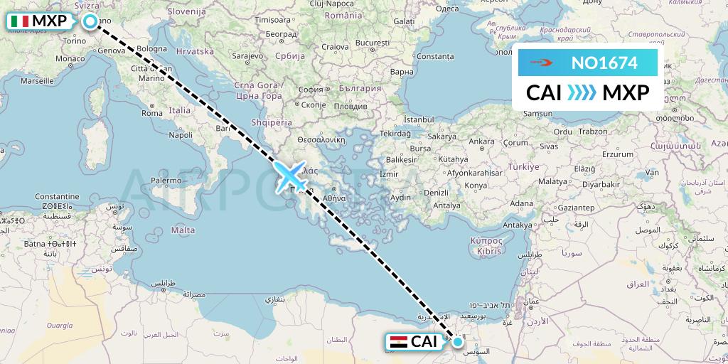 NO1674 Neos Flight Map: Cairo to Milan