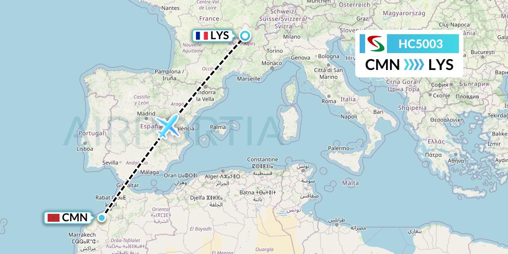 HC5003 Air Senegal Flight Map: Casablanca to Lyon