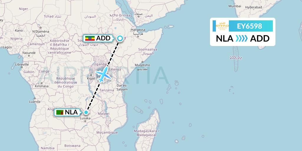 EY6598 Etihad Airways Flight Map: Ndola to Addis Ababa