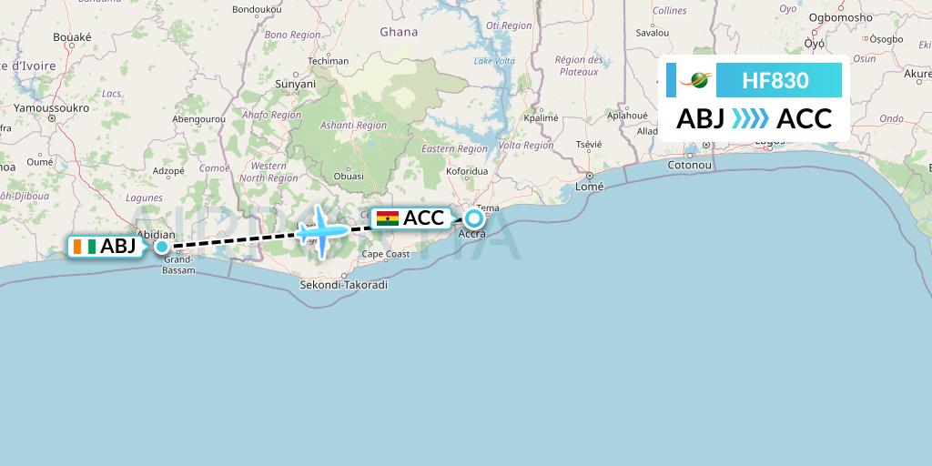 HF830 Air Cote d'Ivoire Flight Map: Abidjan to Accra