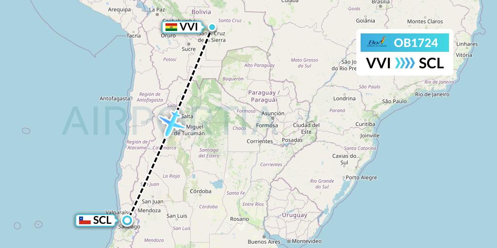 OB1724 Boliviana de Aviacion Flight Map: Santa Cruz to Santiago