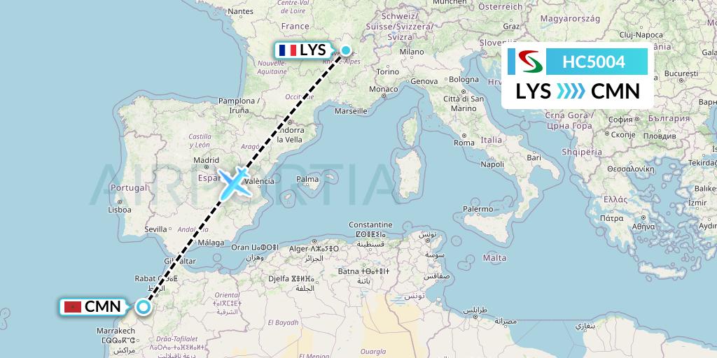 HC5004 Air Senegal Flight Map: Lyon to Casablanca