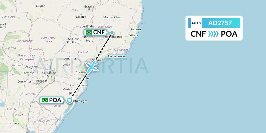 AD2757 Azul Brazilian Airlines Flight Map: Belo Horizonte to Porto Alegre