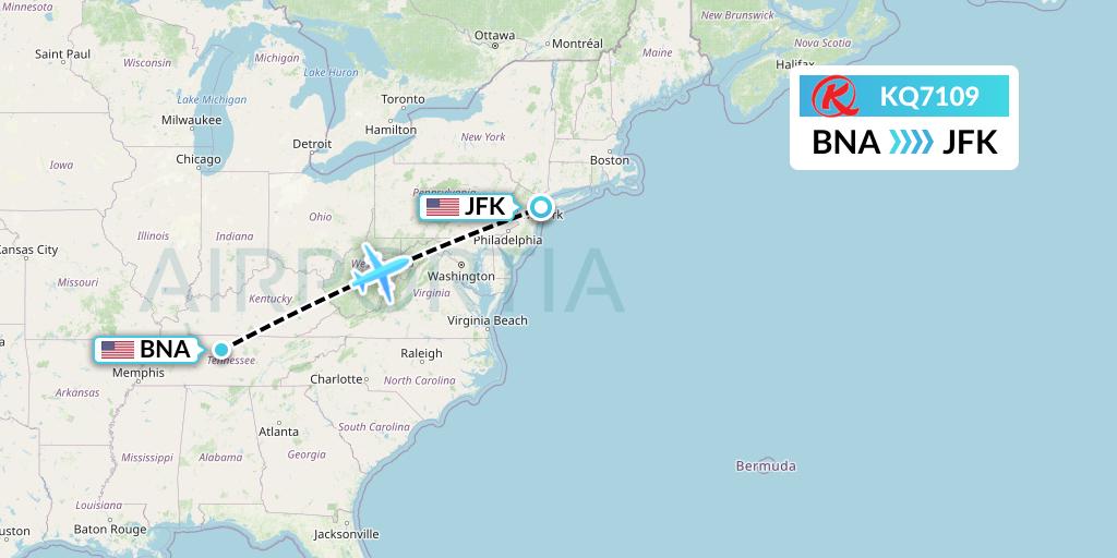 KQ7109 Kenya Airways Flight Map: Nashville to New York
