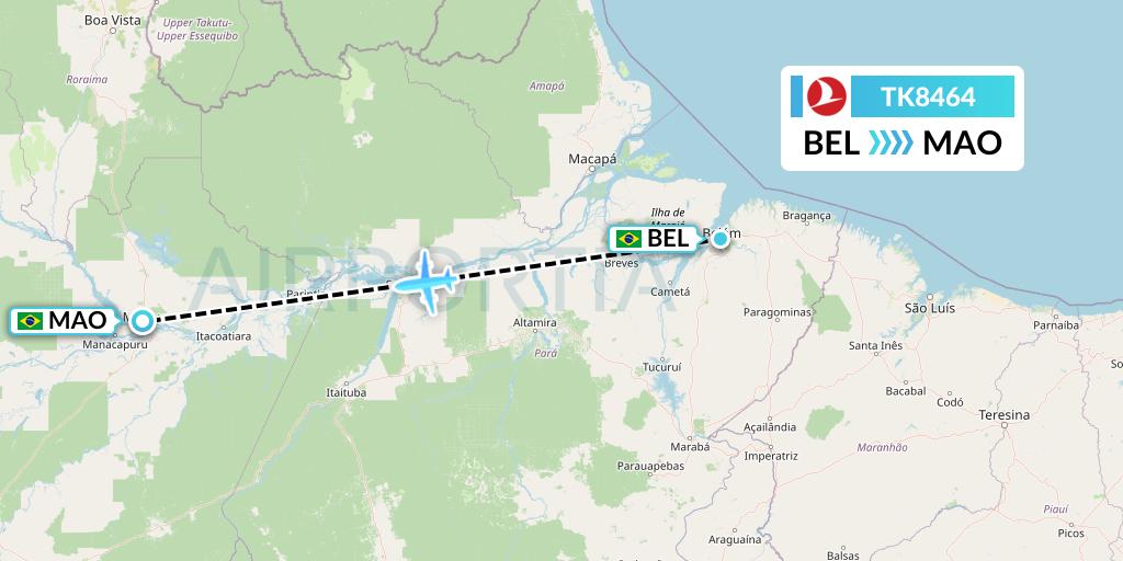 TK8464 Turkish Airlines Flight Map: Belem to Manaus