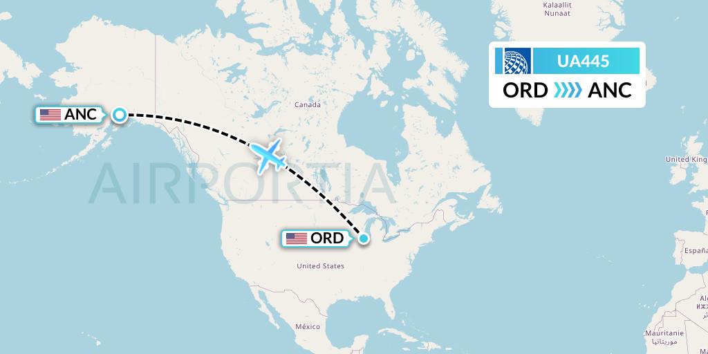 UA445 United Airlines Flight Map: Chicago to Anchorage