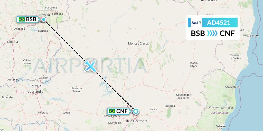AD4521 Azul Brazilian Airlines Flight Map: Brasilia to Belo Horizonte