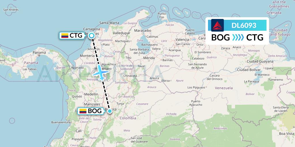 DL6093 Delta Air Lines Flight Map: Bogota to Cartagena