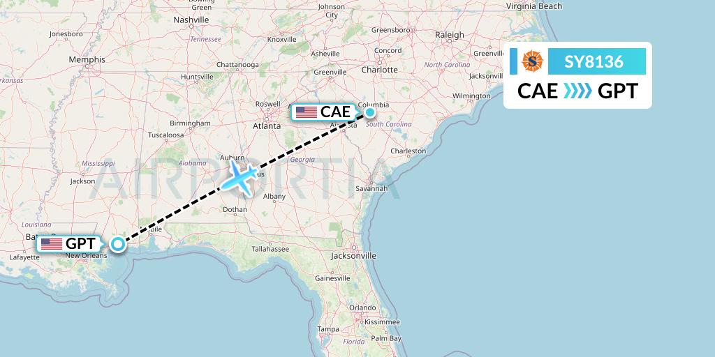 SY8136 Sun Country Airlines Flight Map: Columbia to Gulfport