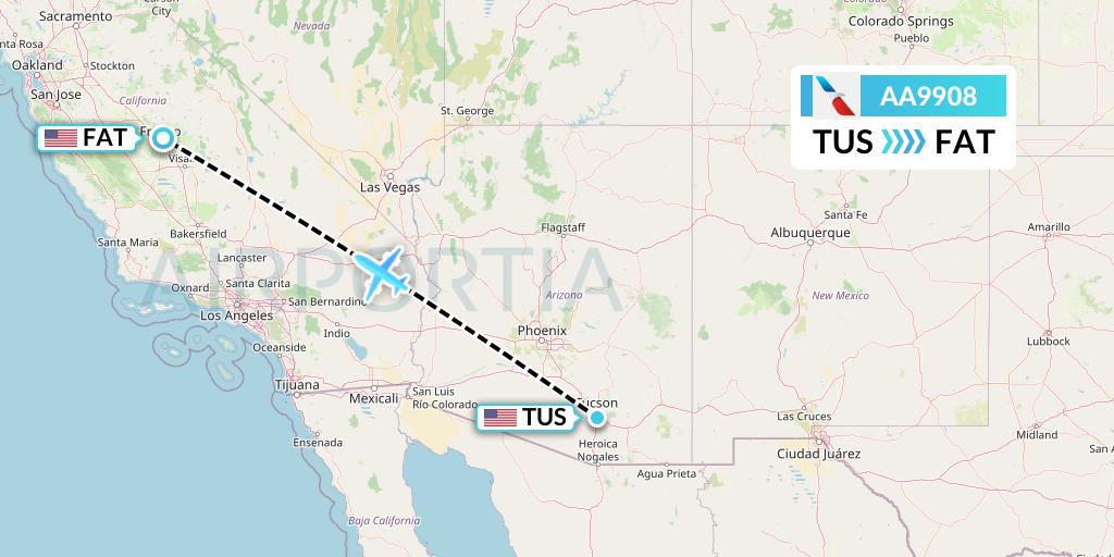 AA9908 American Airlines Flight Map: Tucson to Fresno