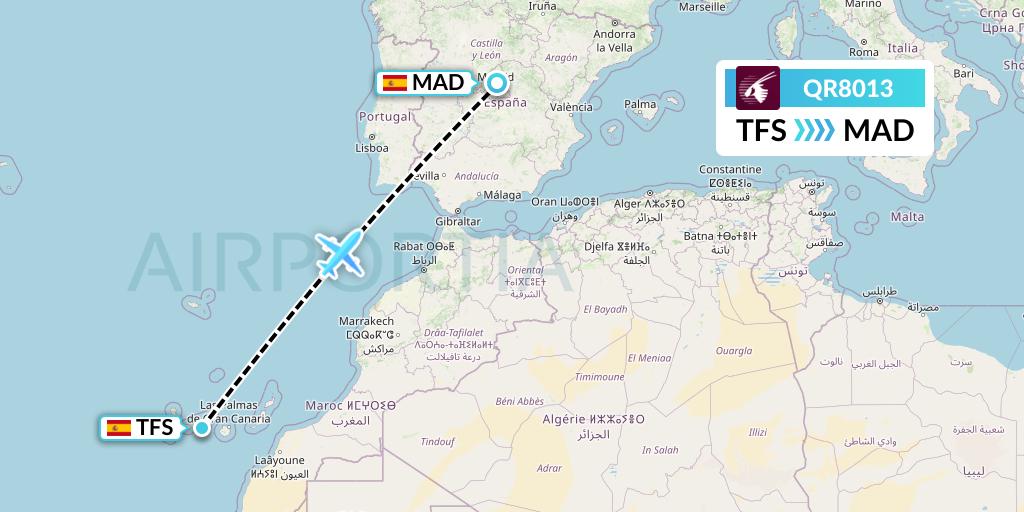 QR8013 Qatar Airways Flight Map: Tenerife to Madrid