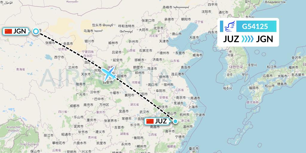 G54125 China Express Airlines Flight Map: Quzhou to Jiayuguan