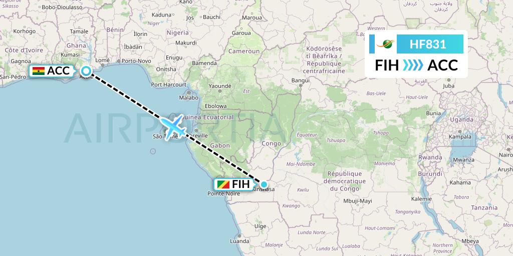 HF831 Air Cote d'Ivoire Flight Map: Kinshasa to Accra