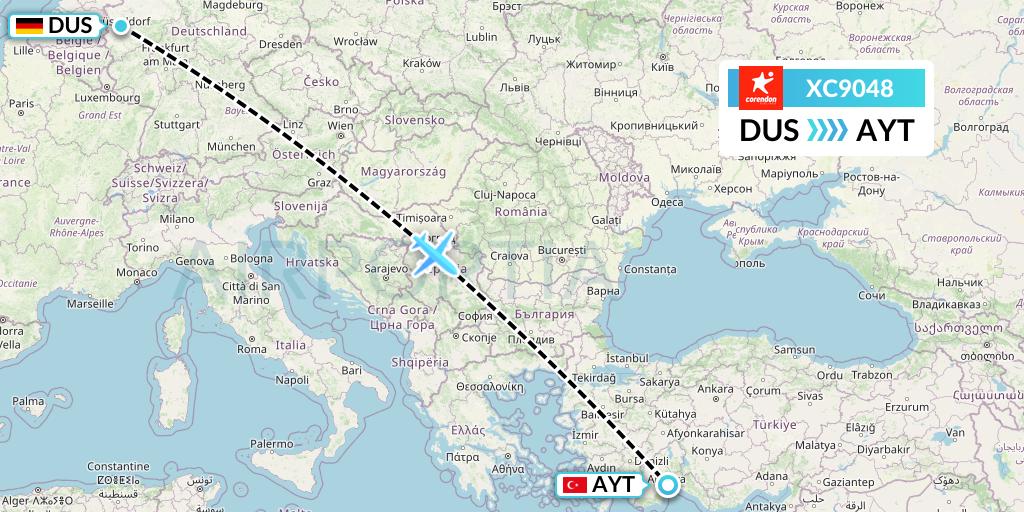 XC9048 Corendon Airlines Flight Map: Dusseldorf to Antalya