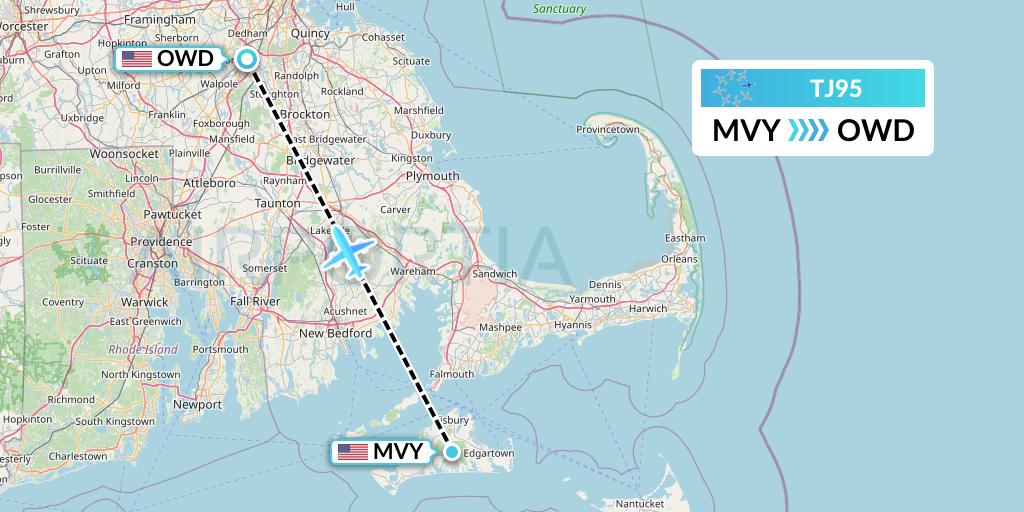 TJ95 Tradewind Aviation Flight Map: Martha's Vineyard to Norwood